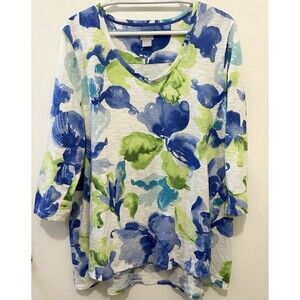 Chicos Women's Size 3 XL Floral 3/4 Sleeve V Neck Top White Blue Green Tunic